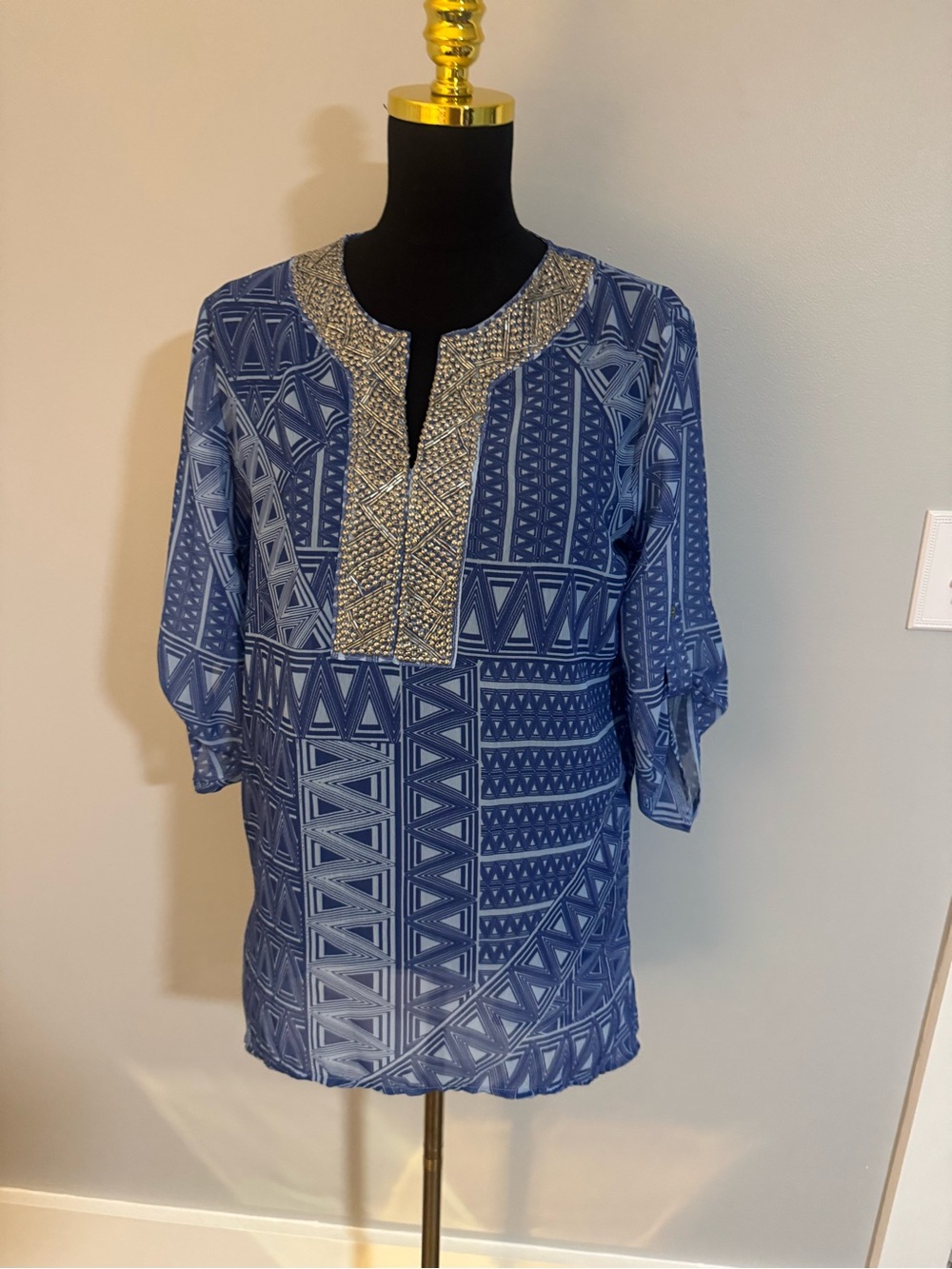 Chicos Blue Embellished 3/4 Sleeve Tunic Top Swim Top Size 1=Medium
